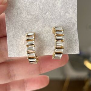 Vintage Christian Dior Rectangular Rhinestone Hollow Hoop 14k Gold Post Earrings